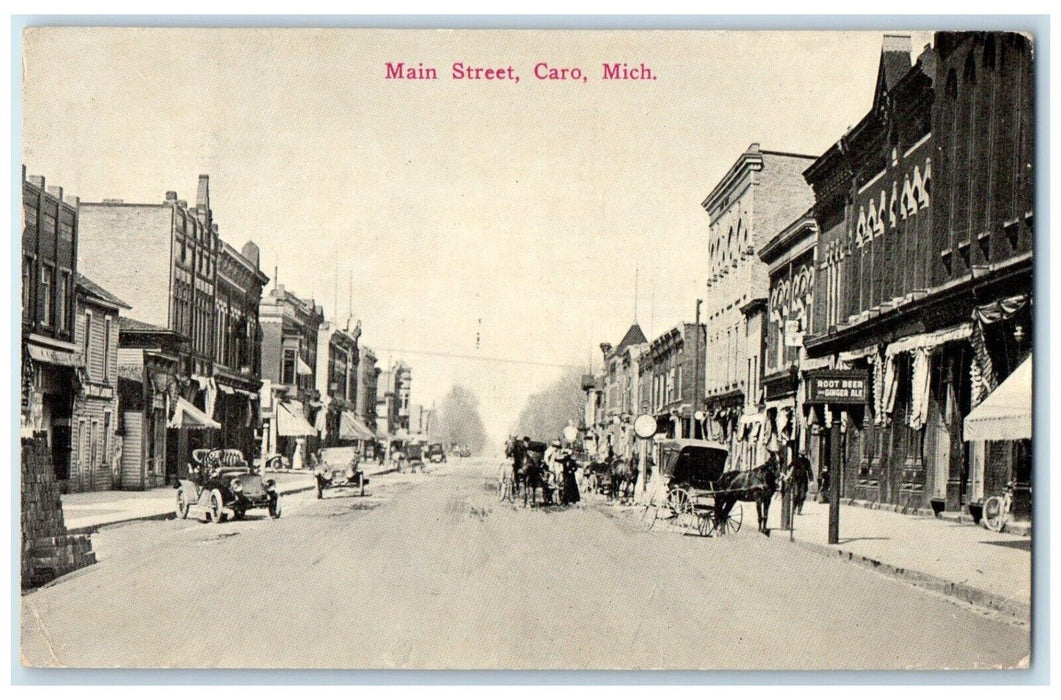 1915 Main Street View Cars Root Beer Caro Michigan MI Posted Antique Postcard