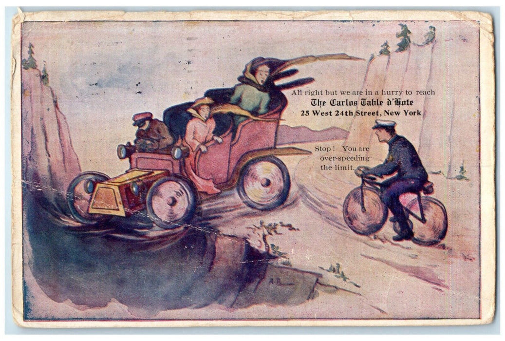 1915 Carlos Restaurant New York City NY Advertising, Man Riding Bicycle Postcard