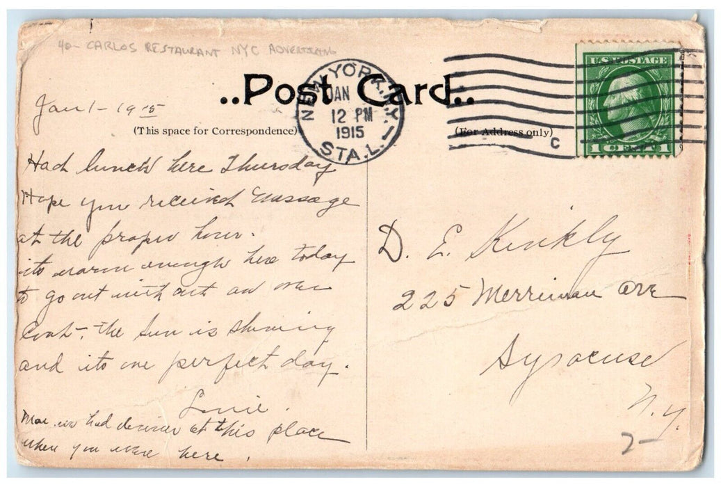 1915 Carlos Restaurant New York City NY Advertising, Man Riding Bicycle Postcard