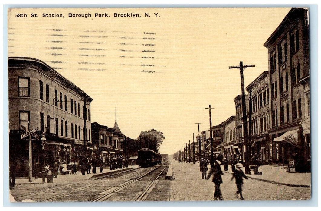 1913 St. Station Borough Park Trolley Train Stores Brooklyn New York NY Postcard