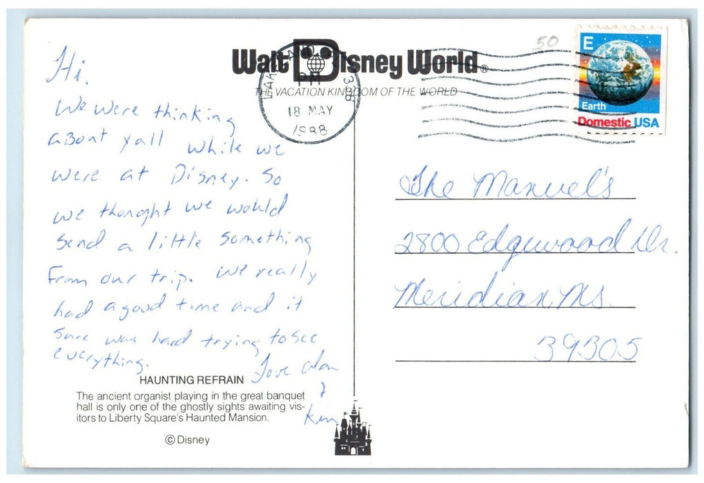1988 Haunting Refrain Square Haunted Mansion Walt Disney World Florida Postcard