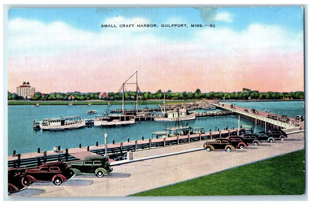 c1940 Small Craft Harbor Steamer Ship Classic Cars Gulfport Mississippi Postcard