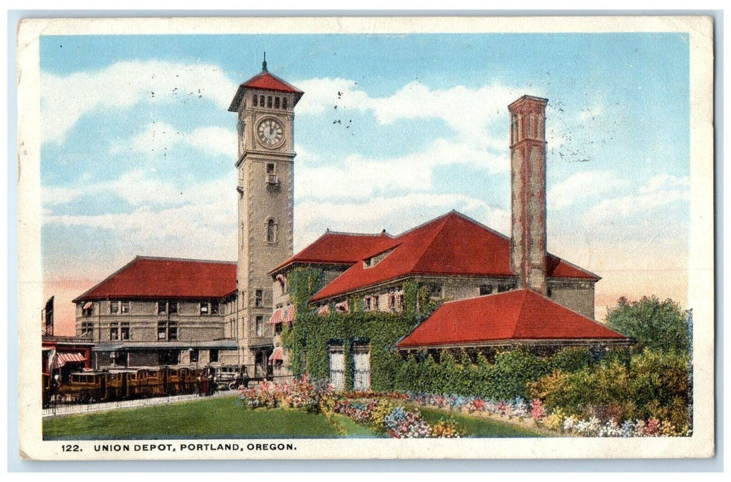 1918 Exterior View Union Depot Building Garden Flower Portland Oregon Postcard