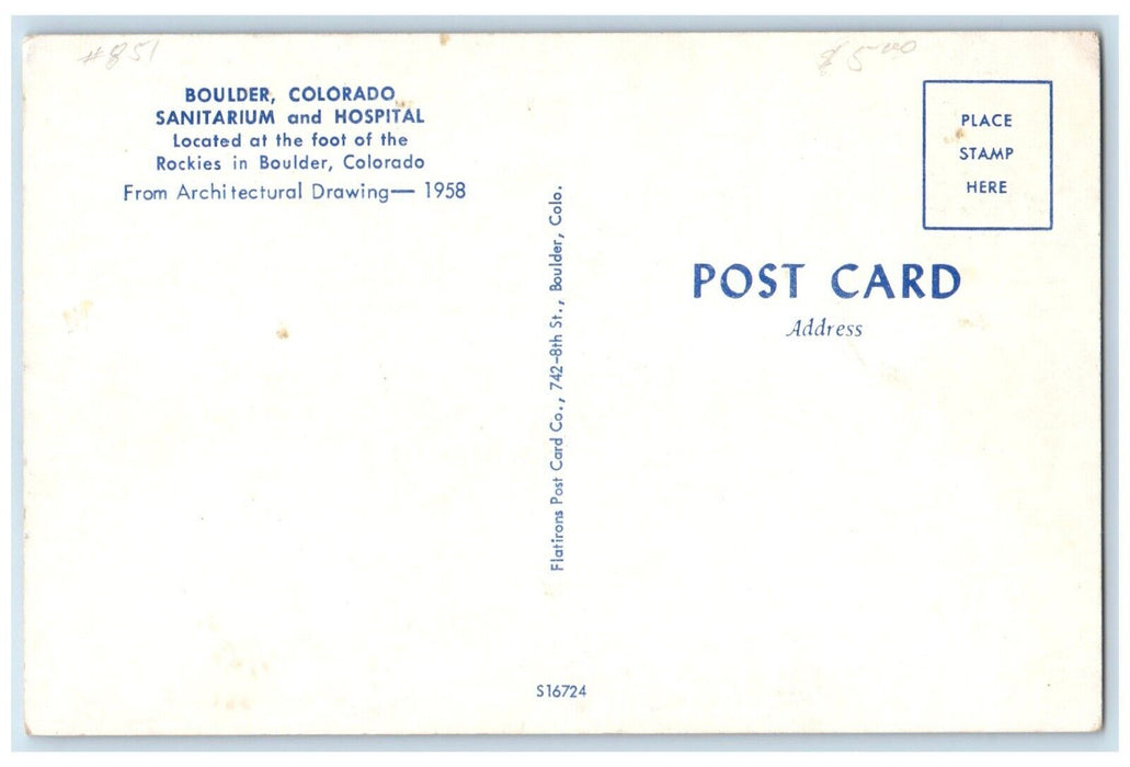c1950's Aerial View Boulder Colorado Sanitarium Hospital Boulder CO Postcard
