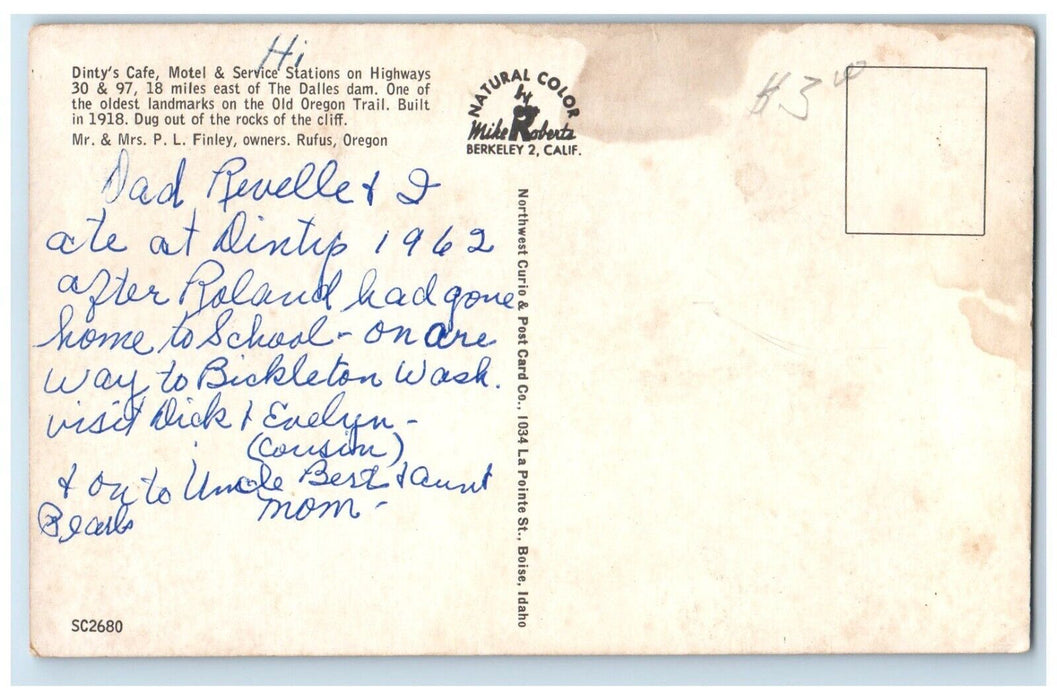 1962 Dinty's Cafe Motel & Service Stations On Highways Cars Rufus OR Postcard