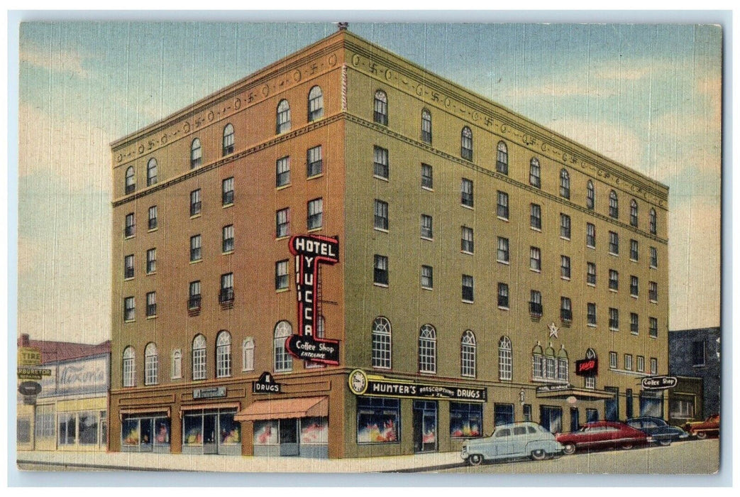 c1940's Hotel Yucca Building Drugs Store Cars Raton New Mexico NM Postcard