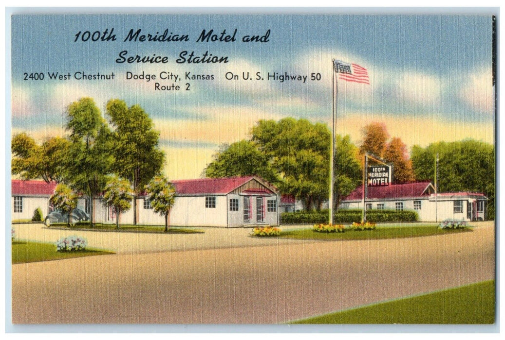 c1940's Meridian Motel And Service Station Dodge City Kansas KS Vintage Postcard