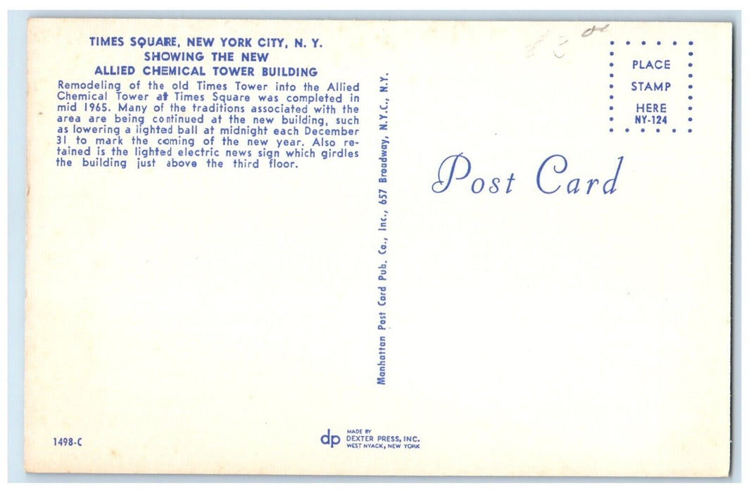 1960 Times Square New York City New York Allied Chemical Tower Building Postcard