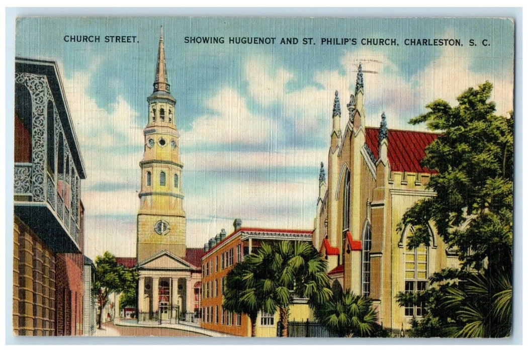 c1948 Church Street Showing Huguenot St. Philips Church Charleston SC Postcard