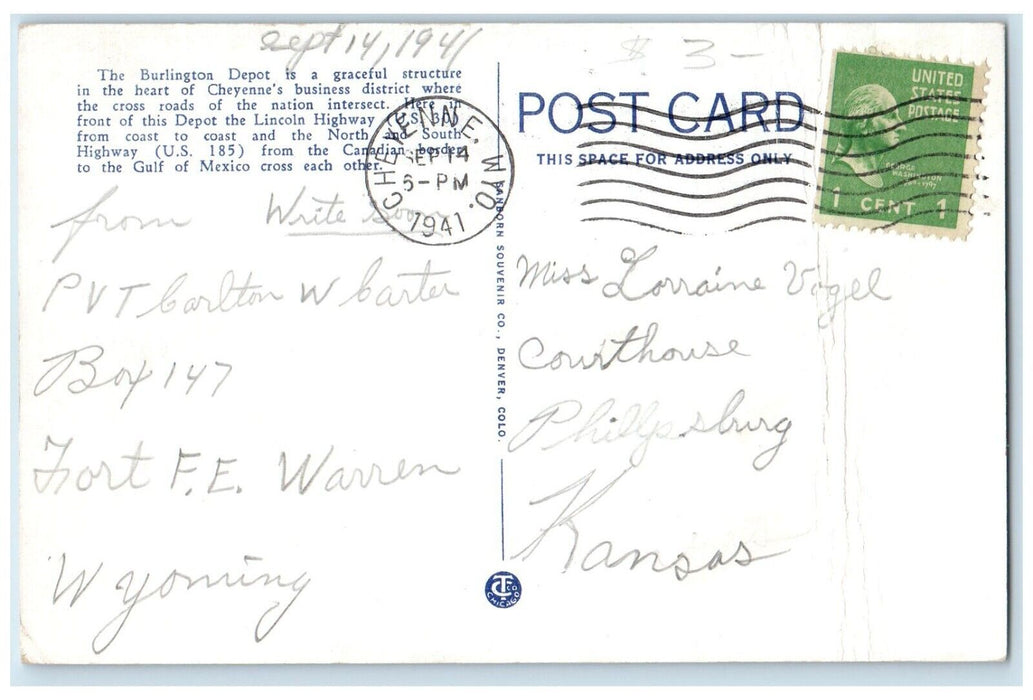 1941 C. B. Q. Burlington Bus Railroad Depot Cheyenne Wyoming WY Antique Postcard