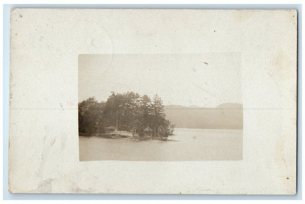 c1918 Island Mountain Gazebo Dock View Afton New York NY RPPC Photo Postcard