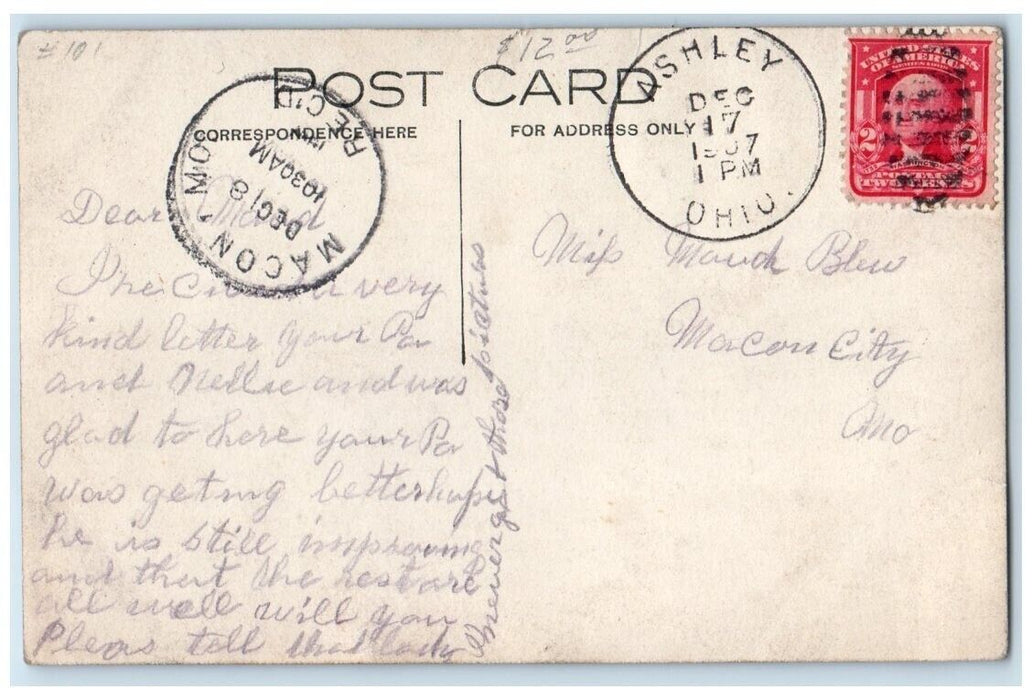 1907 Gate Entrance To Woolley Park Ashley Ohio OH RPPC Photo Posted Postcard