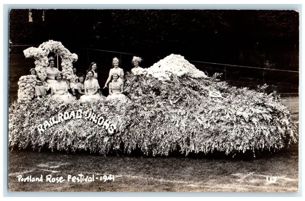 1941 Portland Rose Festival Woman Railroad Union Float RPPC Photo Postcard