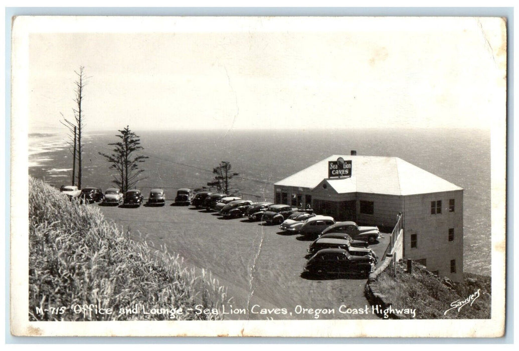 Office And Lounge Sea Lion Caves Oregon Coast Highway Cars RPPC Photo Postcard