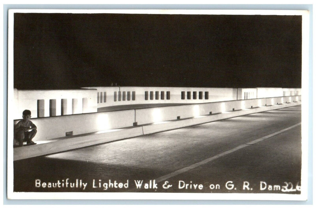 1940 Lighted Walk & Drive On GR Dam Disney Oklahoma OK RPPC Photo Postcard