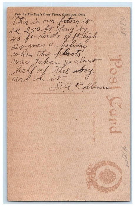 c1910's Implement Factory Building Okmulgee Oklahoma Ok Posted Antique Postcard