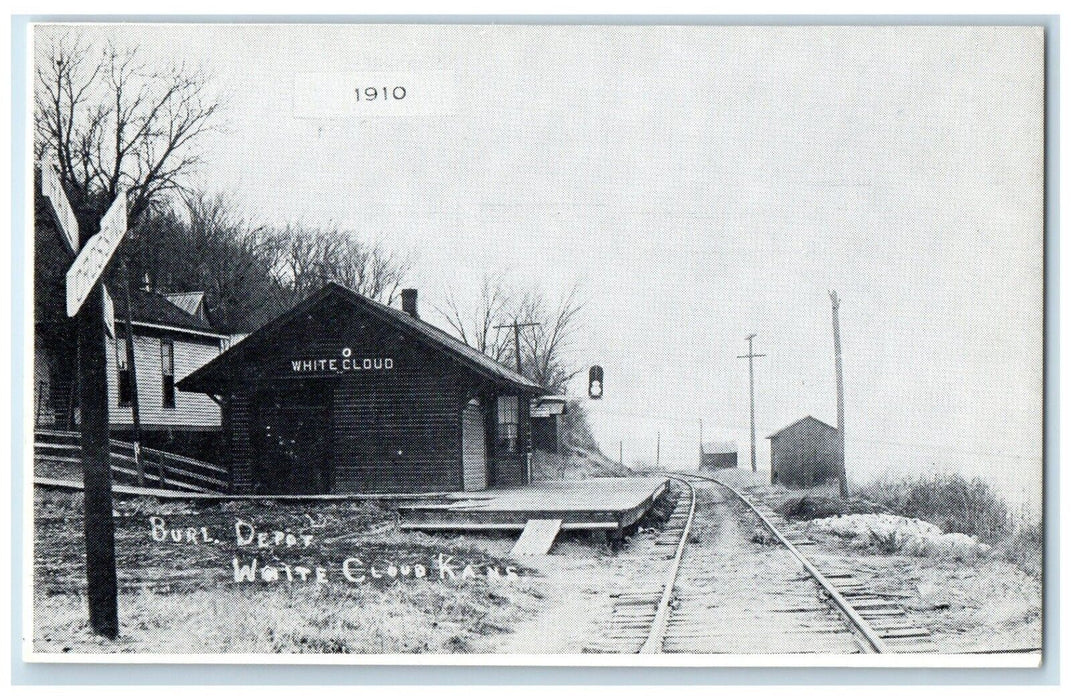 c1940 Burl Depot Building Railroad White Cloud Kansas Antique Unposted Postcard
