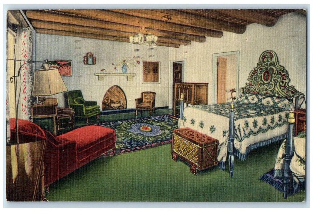 1948 La Fonda Hotel Suite Bed Room Interior View Santa Fe New Mexico NM Postcard