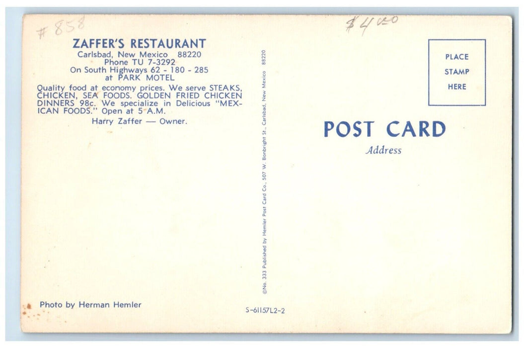 c1950's Zaffer's Restaurant Carlsbad New Mexico NM Dual View Vintage Postcard