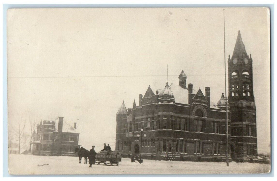 1910 Court House Horse Sled Snow Albert Lea Minnesota MN RPPC Photo Postcard