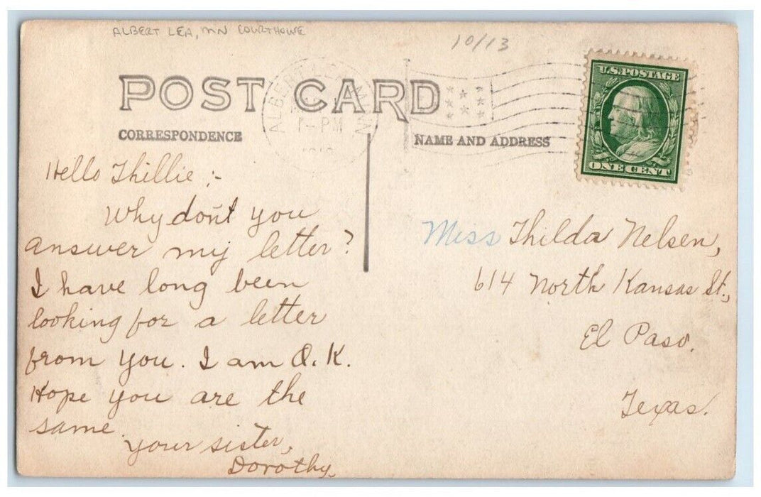 1910 Court House Horse Sled Snow Albert Lea Minnesota MN RPPC Photo Postcard