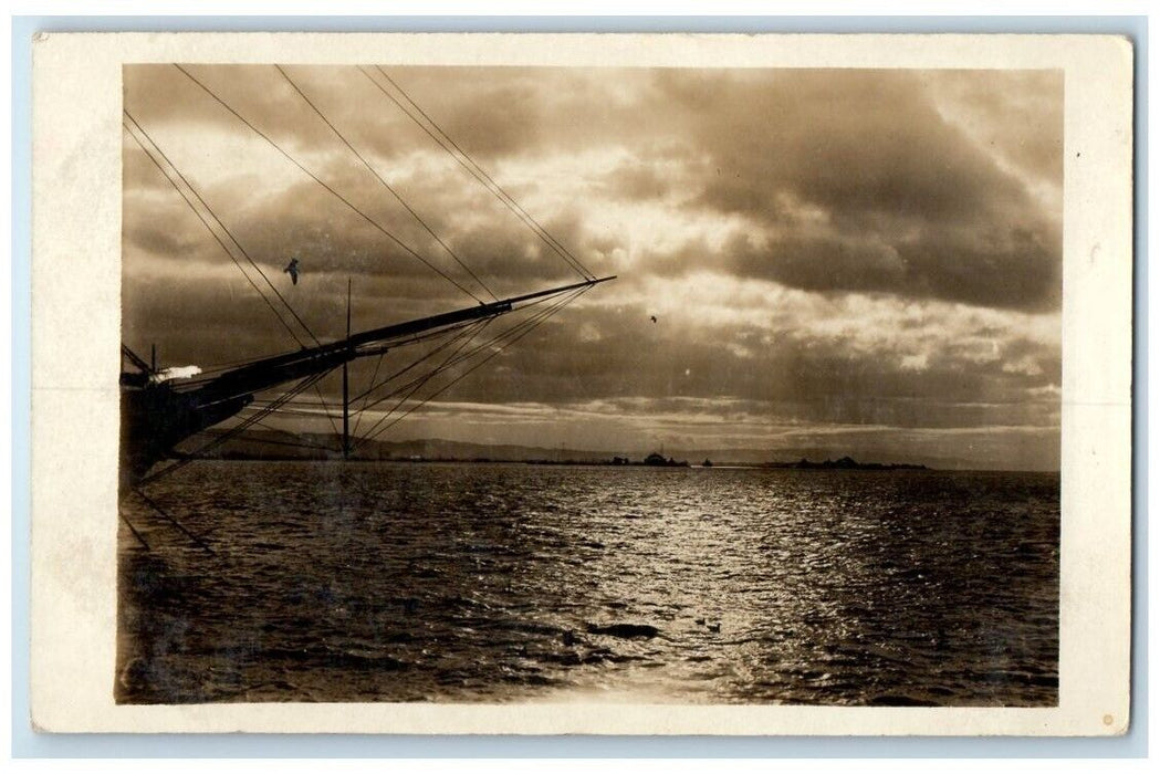 c1910 Ship Intrepid Alameda Pier Moonlight San Francisco Bay CA RPPC Postcard