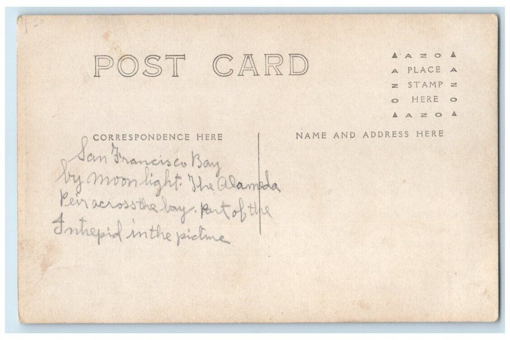 c1910 Ship Intrepid Alameda Pier Moonlight San Francisco Bay CA RPPC Postcard