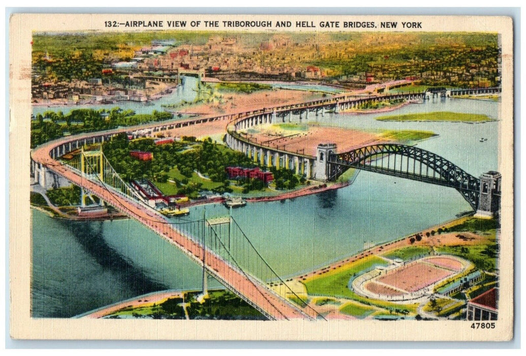1950 Airplane View Triborough Hell Exterior Gate Lake Bridges New York Postcard