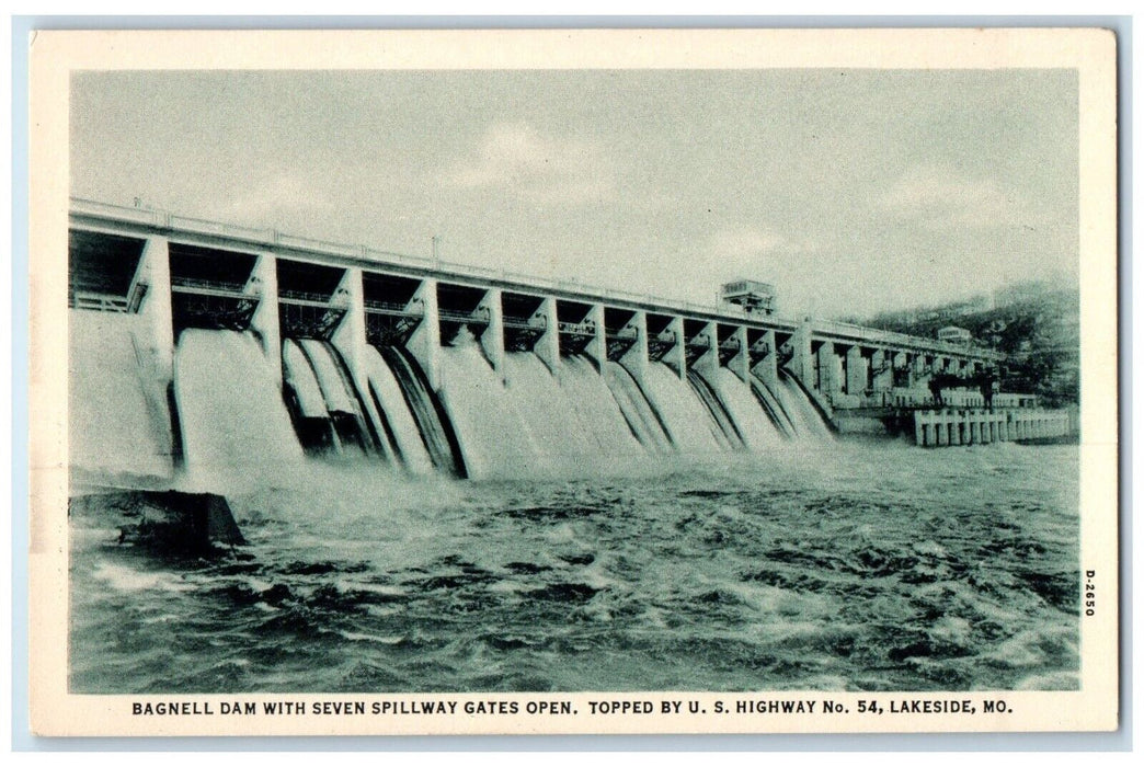 1940 Bagnell Dam Seven Spillway Gates Open Lakeside Missouri MO Antique Postcard