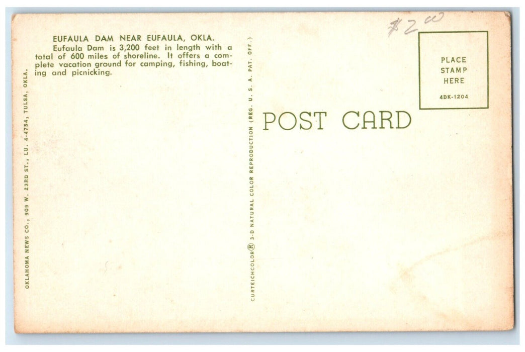 c1960 Scenic View Eufaula Dam Trees Mountains Eufaula Oklahoma Unposted Postcard