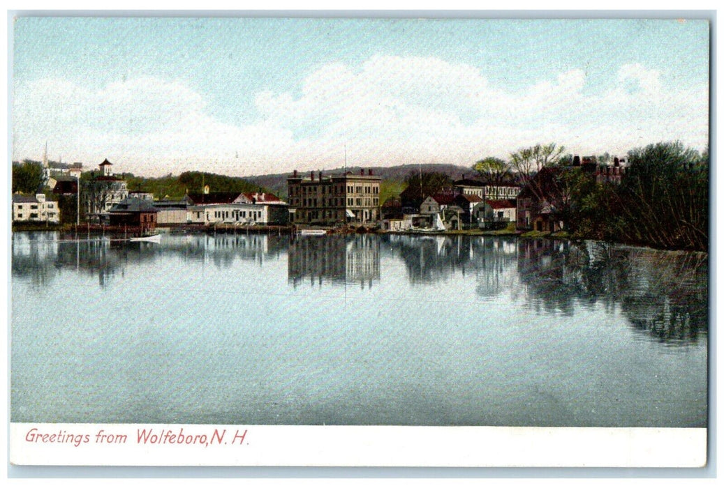 c1905 Greetings From Exterior Building River Wolfeboro New Hampshire NH Postcard