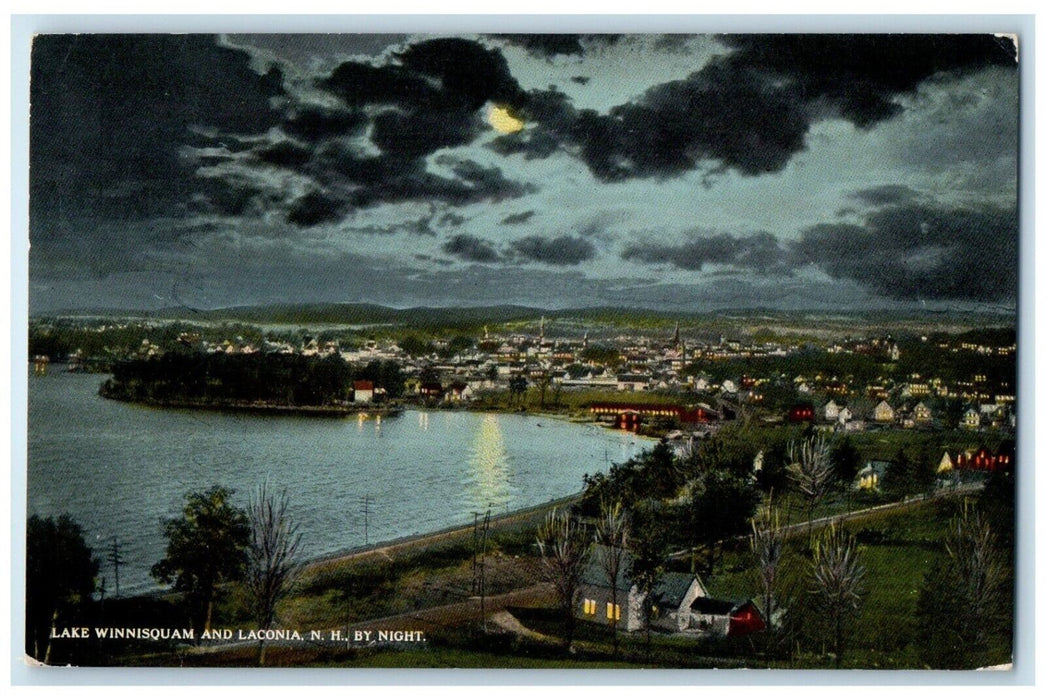 1915 Lake Winnisquam Exterior Building Moonlight Laconia New Hampshire Postcard