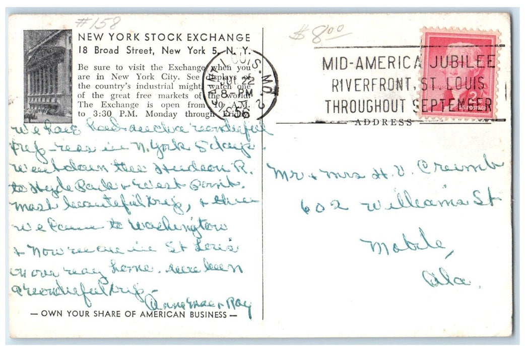 1956 Nation Market Place New York Stock Exchange Broad Street New York Postcard