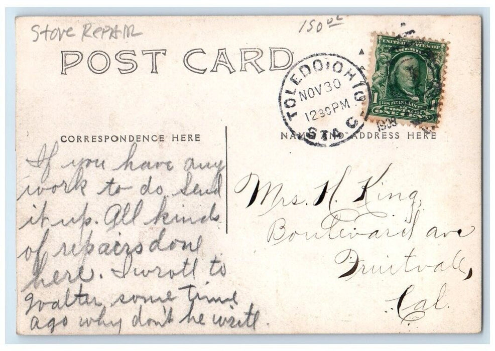 1908 Man Woman Stove Repair Occupational Brush Toledo OH RPPC Posted Postcard