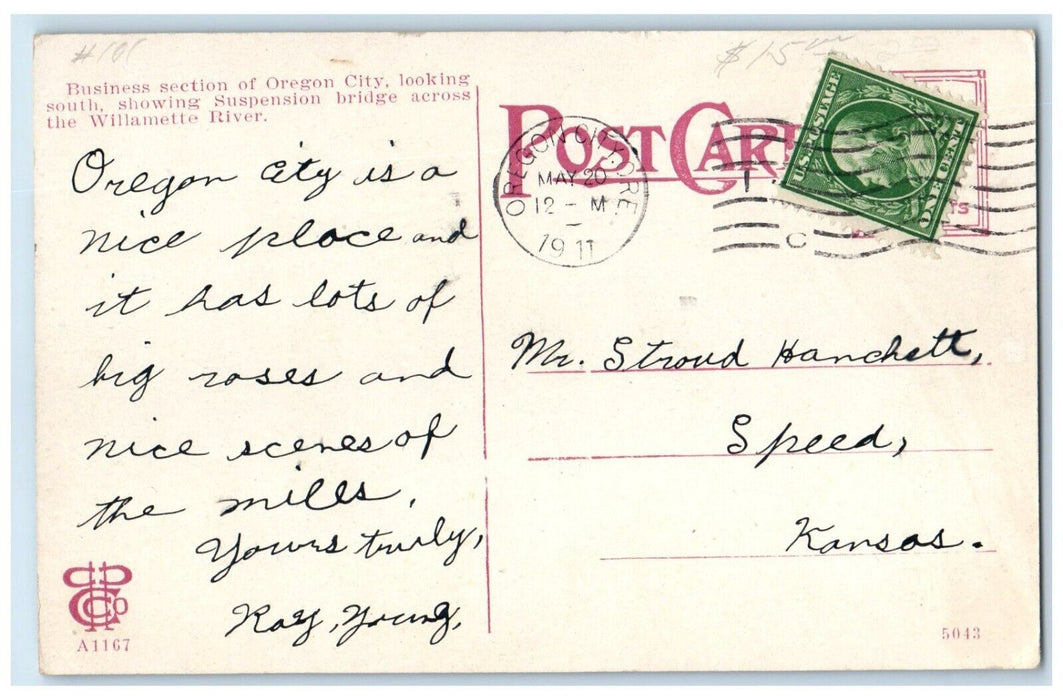 1911 Business Section Oregon City Looking South Suspension Bridge Postcard