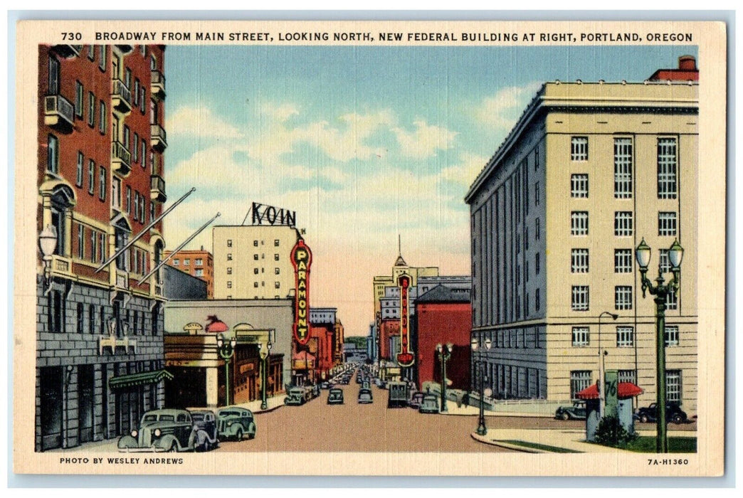 Broadway From Main Street New Federal Building Cars Portland Oregon OR Postcard