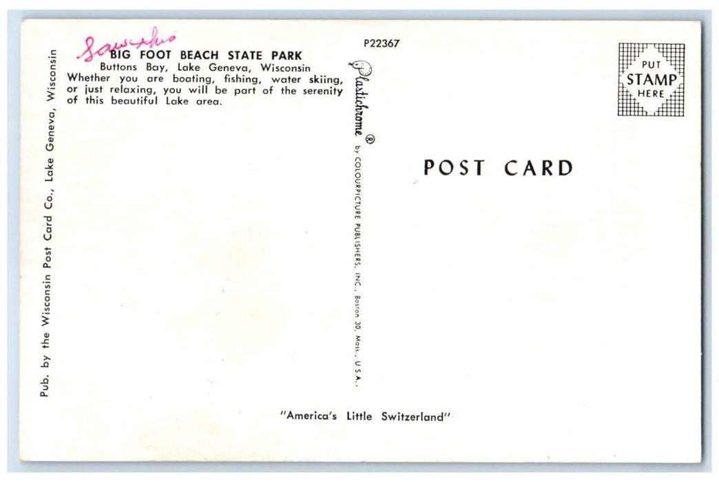 c1960 Big Foot Beach State Park Boat Lake Geneva Wisconsin WI Unposted Postcard