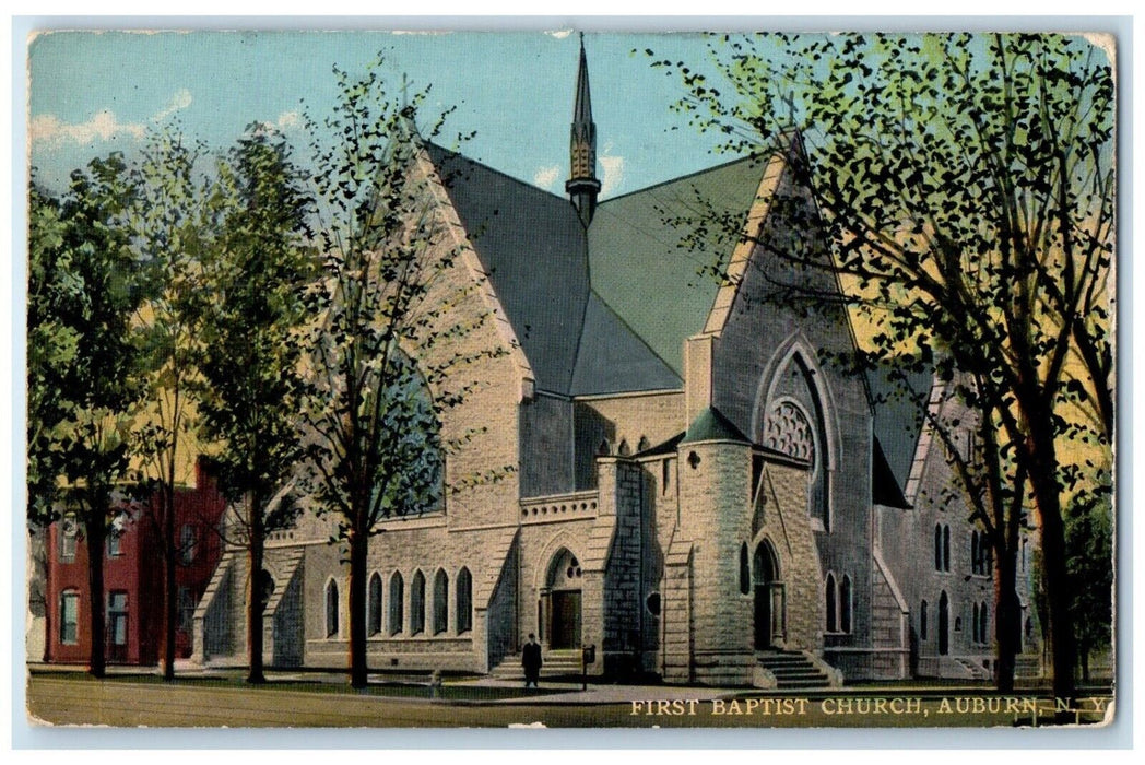 c1910 Exterior View First Baptist Church Building Road Auburn New York Postcard