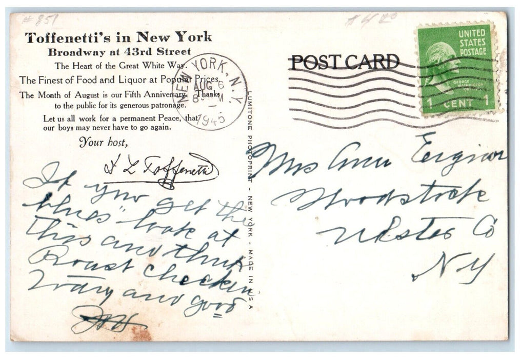 1945 Toffenetti's New York Broadway Great White Way Exterior Building Postcard