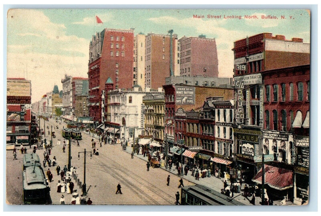 1909 Main Street Looking North Exterior Streetcar Buffalo New York NY Postcard