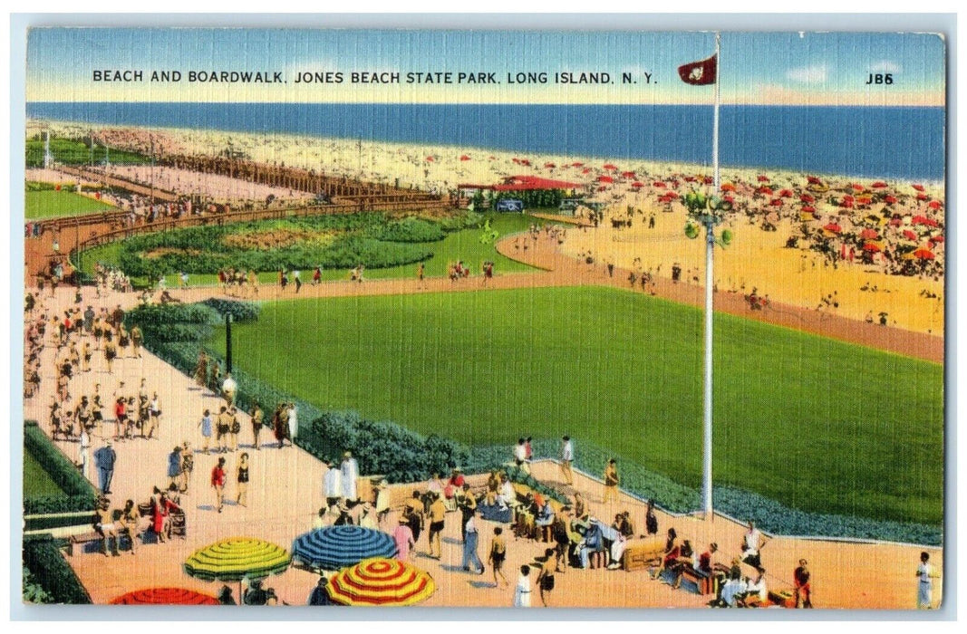 c1940 Beach Boardwalk Jones Beach State Park Field Long Island New York Postcard