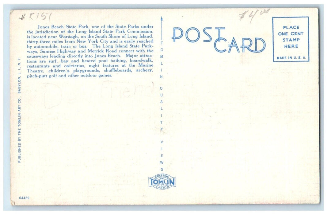 c1940 Beach Boardwalk Jones Beach State Park Field Long Island New York Postcard