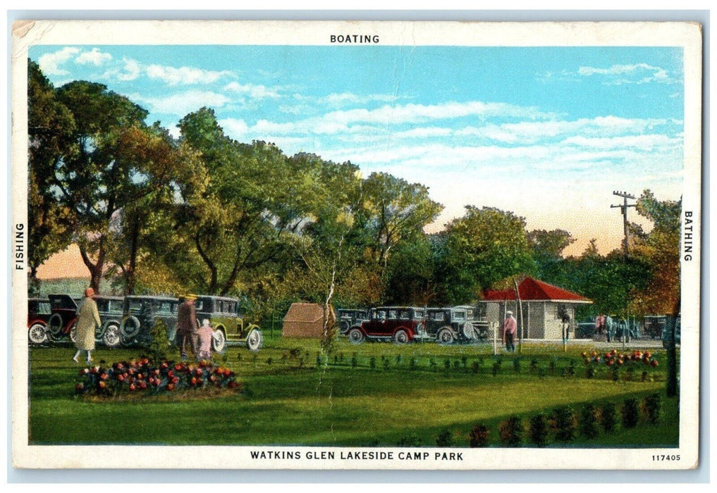 c1920 Boating Bathing Fishing Watkins Glen Lakeside Camp Park New York Postcard
