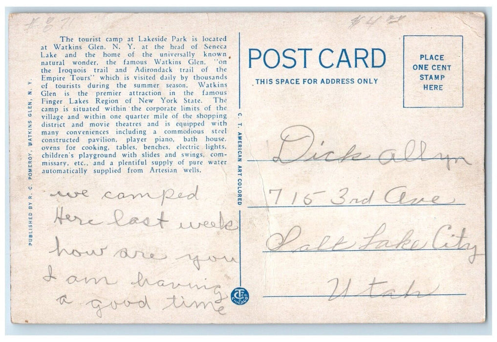 c1920 Boating Bathing Fishing Watkins Glen Lakeside Camp Park New York Postcard