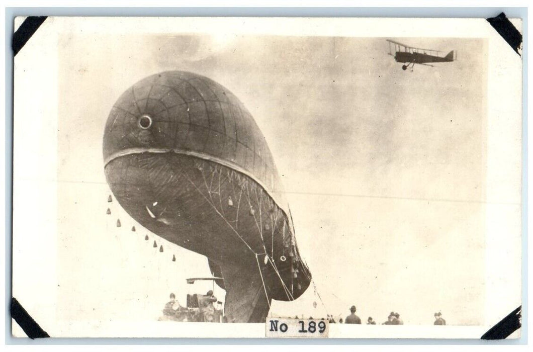 c1918 WWI Barrage Balloon Soldiers Airplane Biplane View RPPC Unposted Postcard