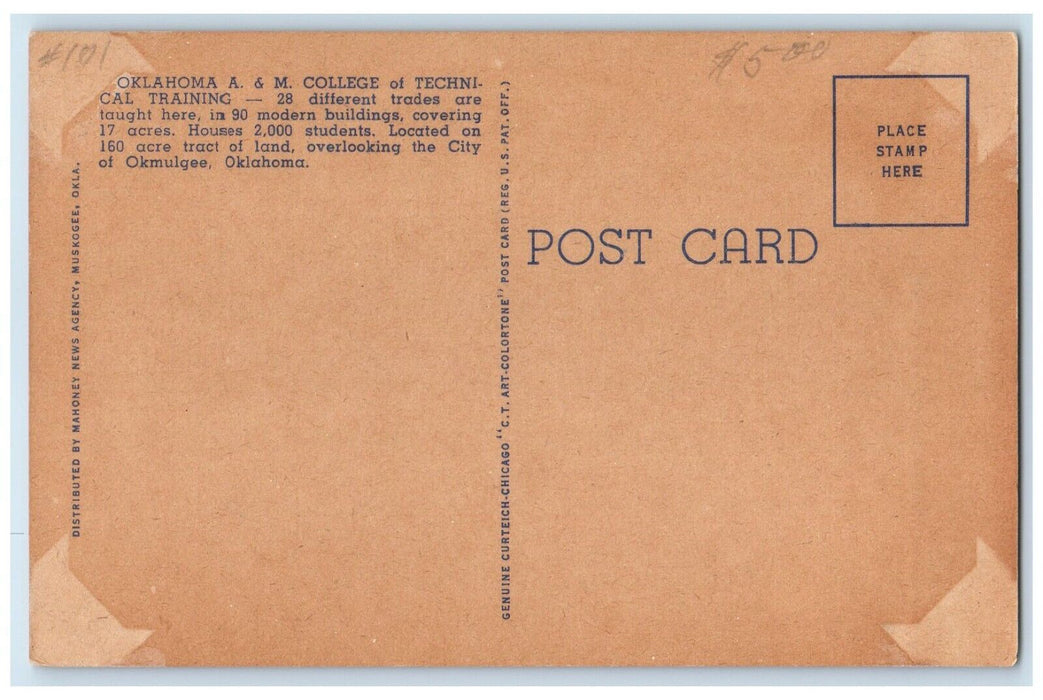 1940 Oklahoma A. M. College School Technical Training Okmulgee Oklahoma Postcard