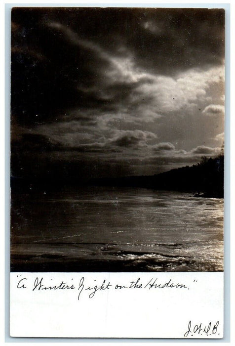 c1910's A Winter Night On The Hudson River New York NY RPPC Photo Postcard