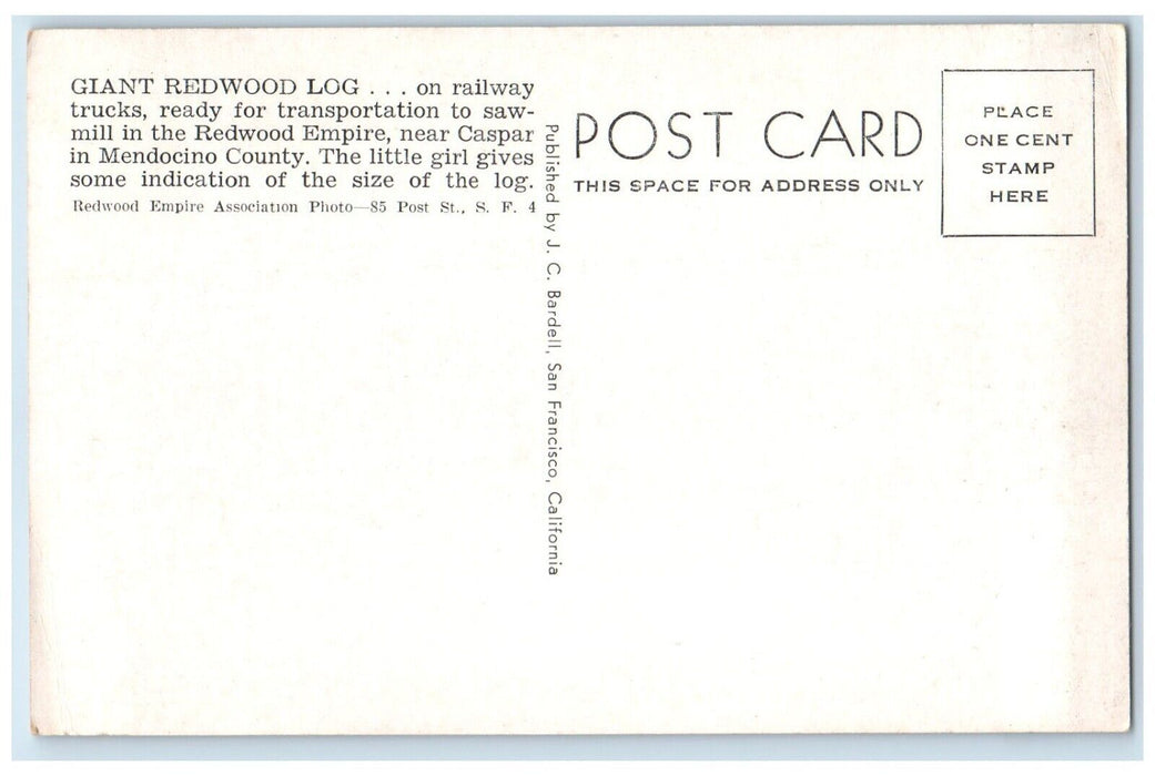 Little Girl Giant Redwood Log Transportation To Sawmill California CA Postcard
