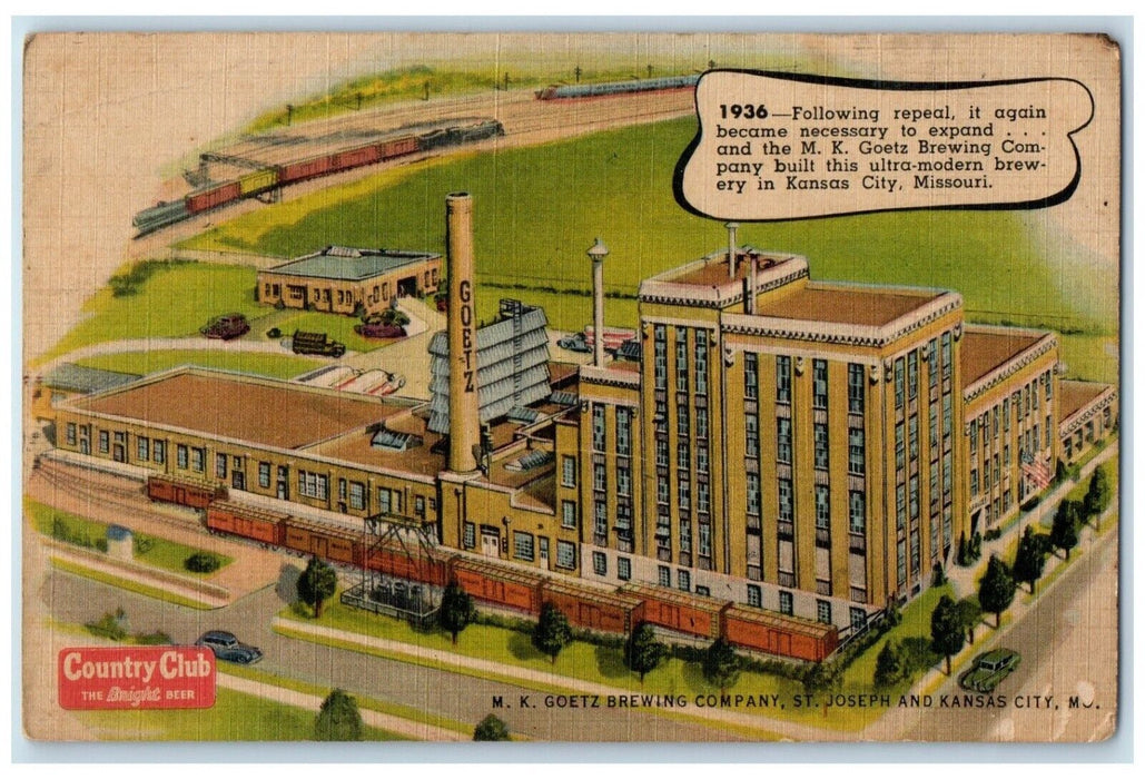 1936 Kansas City Plant MK Goetz Brewing Company Beer St. Joseph MO Postcard