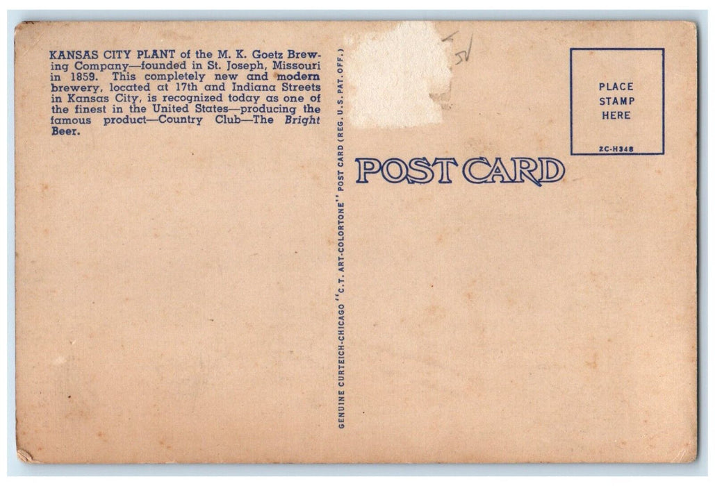 1936 Kansas City Plant MK Goetz Brewing Company Beer St. Joseph MO Postcard
